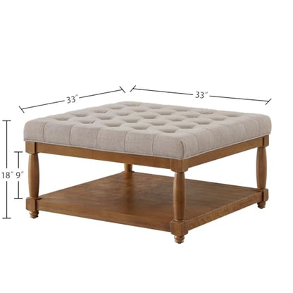 Upholstered Square Coffee Table with Wooden Shelf, Tufted Button Large Square Ottoman with Spindle Wooden Legs, Linen Large Footrest Ottoman Pouf for Living Room, Linen