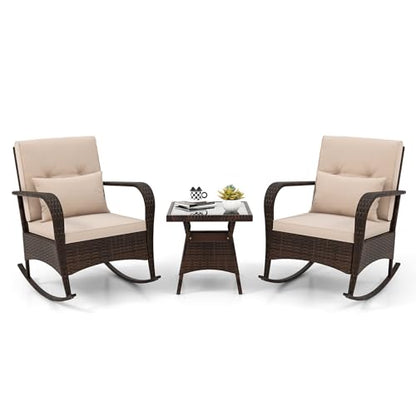 3 Pieces Patio Furniture Set, Outdoor Wicker Rocking Chairs with Cushions, Pillows, Glass Coffee Table, Rattan Bistro Rocker Set for Balcony Front Porch Poolside Garden Deck Yard (Beige)
