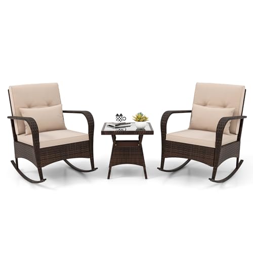 3 Pieces Patio Furniture Set, Outdoor Wicker Rocking Chairs with Cushions, Pillows, Glass Coffee Table, Rattan Bistro Rocker Set for Balcony Front Porch Poolside Garden Deck Yard (Beige)