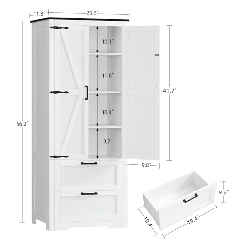 66.1" H Storage Cabinet with 2 Drawers, Farmhouse Kitchen Pantry Cabinet with 2 Doors & Adjustable Shelf, Bathroom Cabinet, for Living Room, Kitchen, Bathroom, White