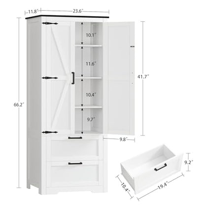 66.1" H Storage Cabinet with 2 Drawers, Farmhouse Kitchen Pantry Cabinet with 2 Doors & Adjustable Shelf, Bathroom Cabinet, for Living Room, Kitchen, Bathroom, White