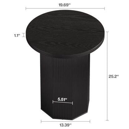 Tribesigns Round End Table, Farmhouse Pedestal Side Table, Fluted Wooden Nightstand Drink Stand for Living Room, Bedroom (1, Black)