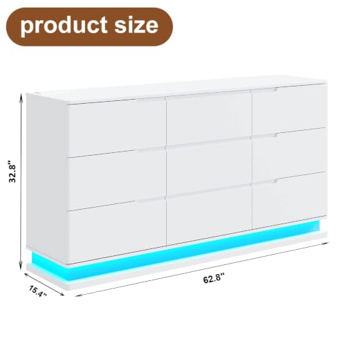High-Gloss 9 Drawers Dresser with Charging Station & LED Lights,White, view 3