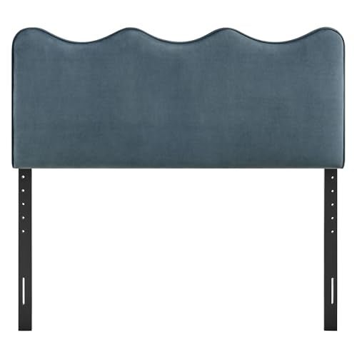 Monday Athena Queen Size Performance Velvet Adjustable Headboard in Cadet Blue - with Scalloped Wave Design and Stain-Resistant Velvet Upholstery