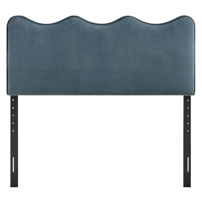 Monday Athena Queen Size Performance Velvet Adjustable Headboard in Cadet Blue - with Scalloped Wave Design and Stain-Resistant Velvet Upholstery