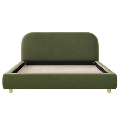 Queen Velvet Fabric Platform Bed with Curved Headboard, Olive Green, view 8