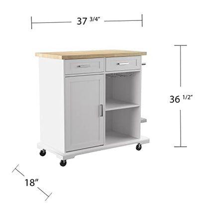 Warkin Rolling Kitchen Island with Storage - Transitional Design, White Glass and Wood - Ideal for Kitchen, Dining Room (KA1133961)