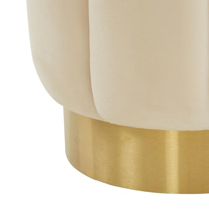 SAFAVIEH Couture Collection Maxine Glam Cream Velvet/Gold Channel Tufted Upholstered Round Ottoman for Living Room Bedroom Vanity Foot Stool (Fully Assembled)