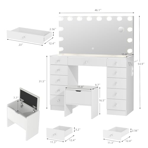 Vanity with Lighted Mirror, Glass Top Makeup Vanity Desk with Lights, view 3
