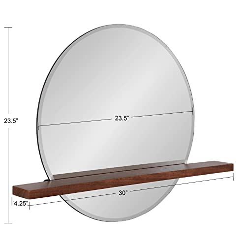 Fossett Frameless Round Wall Mirror, 24 Inch Diameter, Walnut Brown, Decorative Functional Mirror with Shelf for Storage and Display