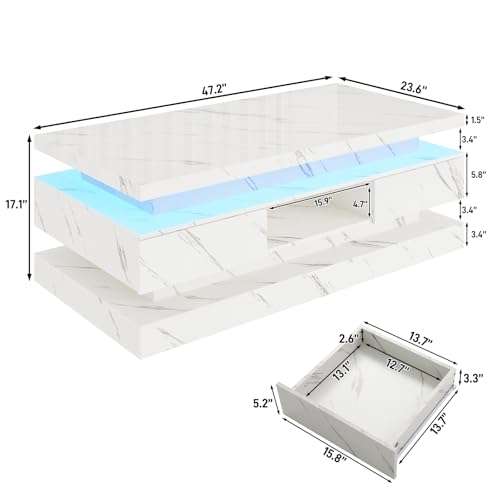 47.2 Inch Modern High Glossy LED Coffee Table with 2 Sliding Drawers, Double-Layer Center Tables with LED Lights for Livings Room Furniture, White