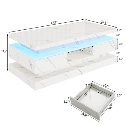 47.2 Inch Modern High Glossy LED Coffee Table with 2 Sliding Drawers, Double-Layer Center Tables with LED Lights for Livings Room Furniture, White