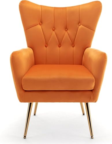 Modern Chic Mid-Century Velvet Accent Armchair for Living Room, Bedroom, or Home Office, Button-Tufted Wingback Design with Gold Flared Legs, Orange