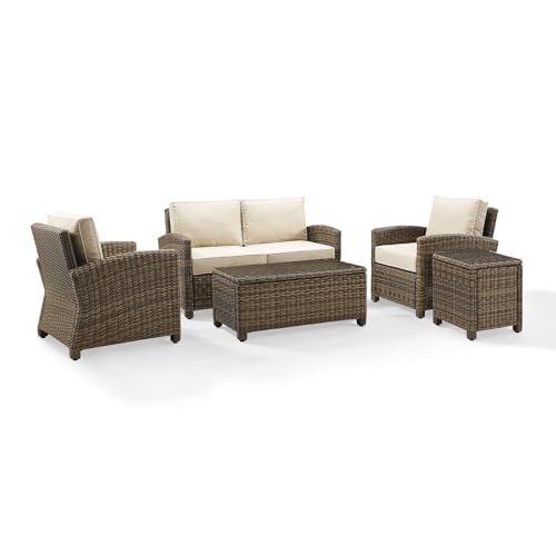 Crosley Furniture KO70050WB-SA Bradenton Outdoor Wicker 5-Piece Seating Set (Loveseat, 2 Arm Chairs, Side & Coffee Table), Weathered Brown with Sand Cushions