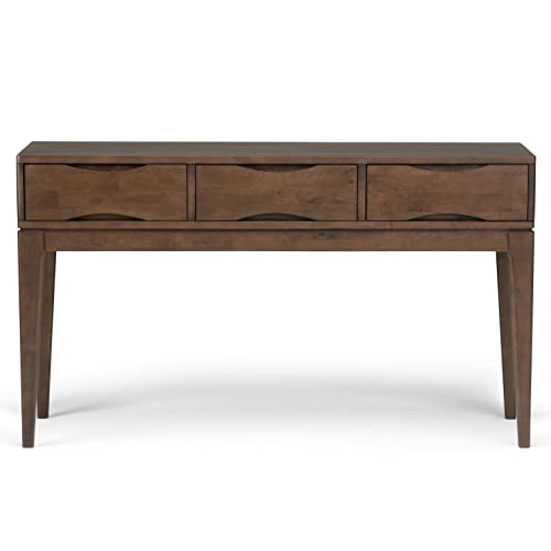 Harper Console Table - 54 Inch Wide Solid Hardwood Sofa Table in Walnut Brown, Mid-Century Modern Storage Table for Entryway or Living Room with 3 Drawers, Notched Handles, and Tapered Legs