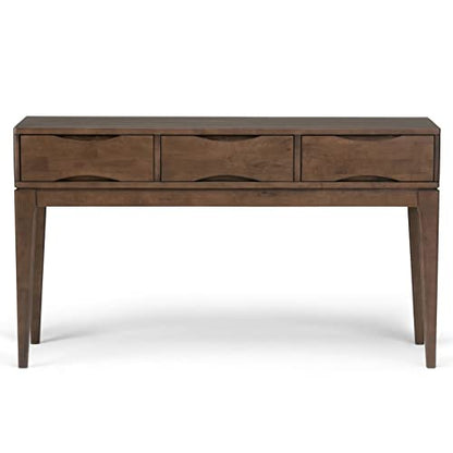 Harper Console Table - 54 Inch Wide Solid Hardwood Sofa Table in Walnut Brown, Mid-Century Modern Storage Table for Entryway or Living Room with 3 Drawers, Notched Handles, and Tapered Legs