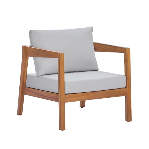 Grice Acacia Wood Lounge Chair Outdoor with Removable Cushion, Wooden Patio Accent Chair with Open Frame Design, Outdoor Armchair for Patio Furniture Set, Light Grey + Teak