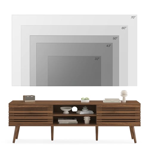 Mid Century Modern TV Stands for up to 70" TV with Storage, Fluted Wood TV Stand for Living Room, Boho Media Console, Entertainment Center with Cable Management