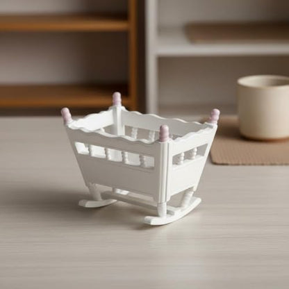 Dollhouse Cradle Miniature Rocking Bed Wooden Infant Furniture Spindle Rail Nursery Crib Realistic Design Suitable for Diorama Project Collector Display Bedroom Scene, Pink