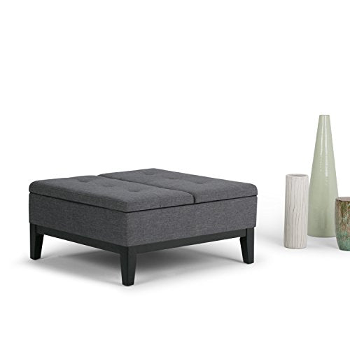Dover 36 inch Wide Contemporary Square Coffee Table Storage Ottoman in Slate Grey Linen Look Fabric, Assembled, For the Living Room and Bedroom