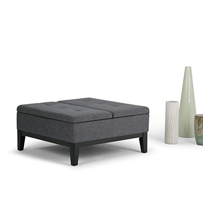 Dover 36 inch Wide Contemporary Square Coffee Table Storage Ottoman in Slate Grey Linen Look Fabric, Assembled, For the Living Room and Bedroom