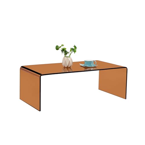 Glass Coffee Table, Modern Amber Coffee Tables for Living Room, Small Rectangle Tempered Glass Waterfall Sofa End Table, 39.4" x 19.7" x 13.78“