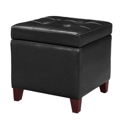 Storage Ottoman Foot Rest Stool, Leather Ottoman Footstool with Wood Legs and Hinged Lid, 18" Small Foot Stool Bench for Living Room, Bedroom, Black