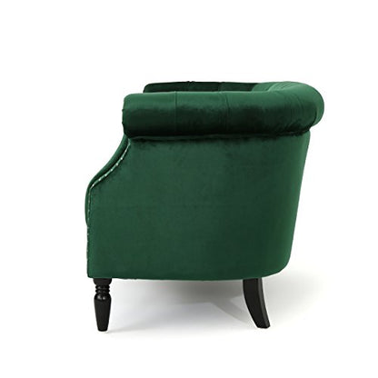Melaina Tufted Chesterfield Velvet Loveseat with Scrolled Arms, Emerald and Dark Brown.