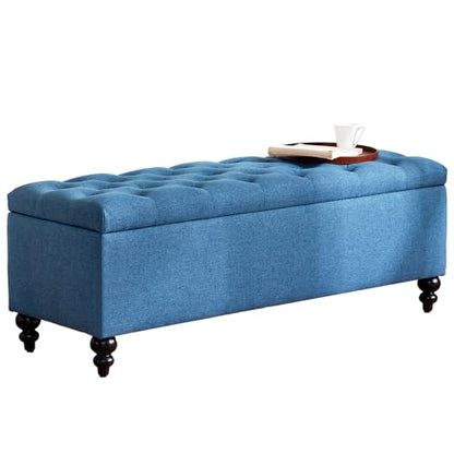 Button-Tufted Ottoman with Storage in Upholstered Fabrics, Large Storage Bench for Bedroom, Living Room, Entryway, Bench with Safety Hinge Hold Up to 300lbs (Blue)