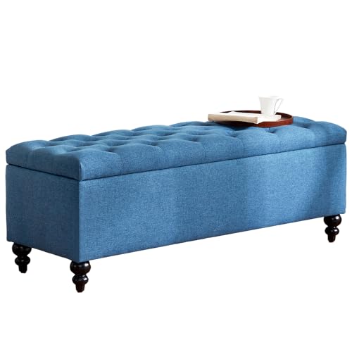Button-Tufted Ottoman with Storage in Upholstered Fabrics, Large Storage Bench for Bedroom, Living Room, Entryway, Bench with Safety Hinge Hold Up to 300lbs (Blue)