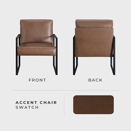 Modern Accent Chair, Faux Leather Upholstered Living Room Chair with Wrapped Armrests, Arm Chair with Black Metal Frame, Comfy Single Chair for Living Room/Bedroom/Reading Room/Office, Brown