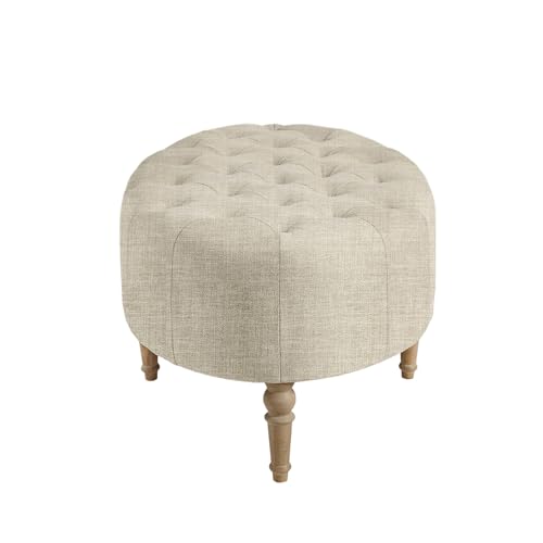Clara Coffee Table - Solid Wood Frame, Soft Fabric, Button Tufted, Oval Large Accent Ottoman - Modern Foam Padded Top Footstool Cocktail Living Room Furniture, Linen