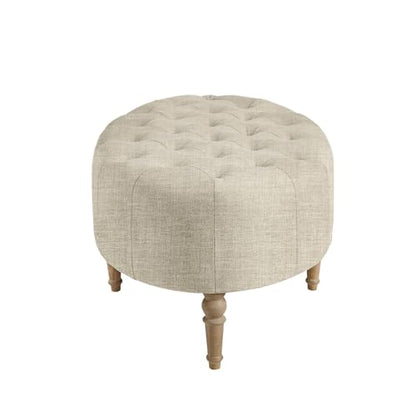 Clara Coffee Table - Solid Wood Frame, Soft Fabric, Button Tufted, Oval Large Accent Ottoman - Modern Foam Padded Top Footstool Cocktail Living Room Furniture, Linen