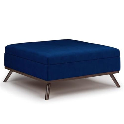 36" Coffee Table Storage Ottoman, Blue Velvet Upholstery, Mid Century Style, Solid Wood Base, Hydraulic Lift-Up Lid with Child Safety Hinge, Large Interior Storage, Living Room Furniture