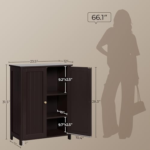 Yaheetech Bathroom Floor Cabinet, Modern Storage Freestanding Organizer Cabinet with Adjustable Shelves & Double Doors, 3-Tier Home Living Room Furniture, Espresso