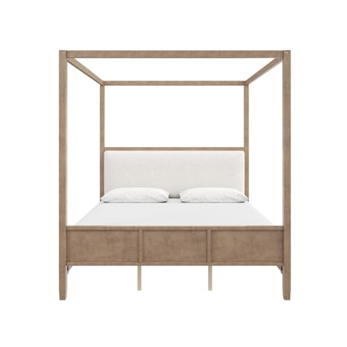 Canopy Bed King Size with Upholstered Headboard, Footboard, Natural, view 7