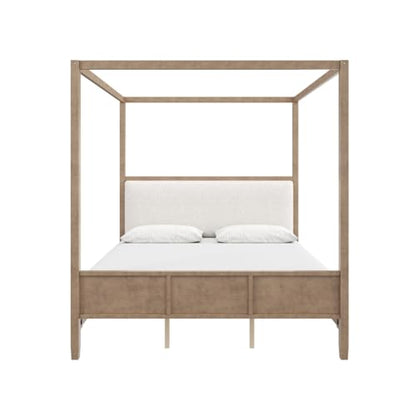 Canopy Bed King Size with Upholstered Headboard, Footboard, Natural, view 7