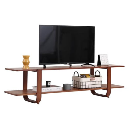 Low Bamboo TV Stand for Up to 65 Inch, Small Mid Century Modern Entertainment Center with 2-Tier Open Shelves, Walnut Media Console Table for Living Room, Bedroom