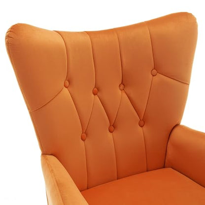 Modern Chic Mid-Century Velvet Accent Armchair for Living Room, Bedroom, or Home Office, Button-Tufted Wingback Design with Gold Flared Legs, Orange