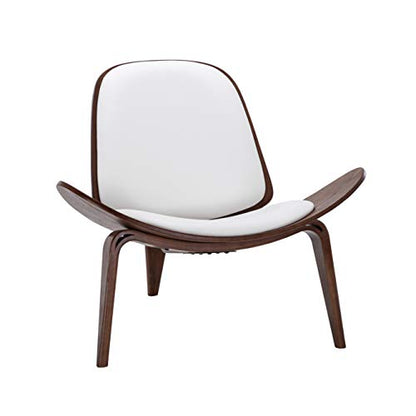 Mid-Century Modern Shell Side Accent Tripod Plywood Lounge Chair Walnut Upholstered Faux Leather, White