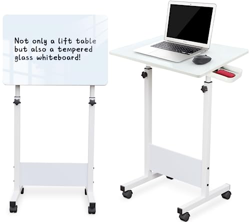 Adjustable Height Standing Desk, 24 in Writable Tempered Glass Desktop with Eraser, 360° Flip, Wheels – Ideal for Small Spaces and Home Offices, White(Adjustable Height: 32-47 in)
