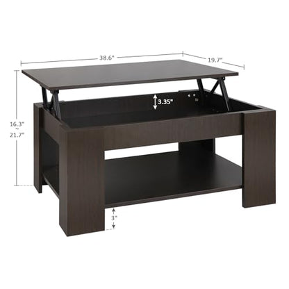 Modern Lift Top Coffee Table w/Hidden Compartment and Storage Shelves Pop-Up Storage Cocktail Table for Living Room Reception Room