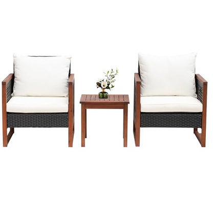 PayLessHere 3-Piece Outdoor Patio Furniture Set Modern Rattan Bistro Conversation Set with Acacia Wood Frame, Coffee Table, and Water-Resistant Cushions for Balcony, Garden, or Backyard (Khaki)
