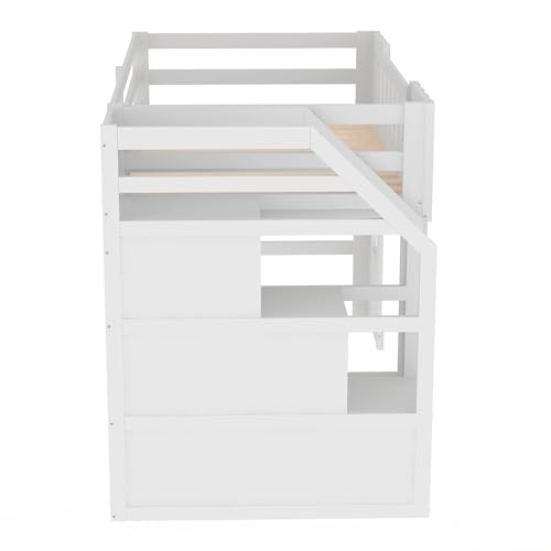 Low Loft Bed with Stairs, Twin Size Loft Bed with Storage Staircase and Window, Wood Loft Bed Frame for Kids Teens - White