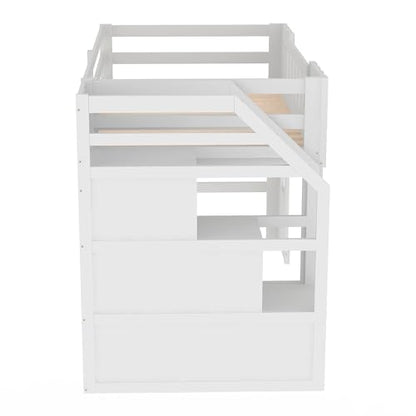 Low Loft Bed with Stairs, Twin Size Loft Bed with Storage Staircase and Window, Wood Loft Bed Frame for Kids Teens - White