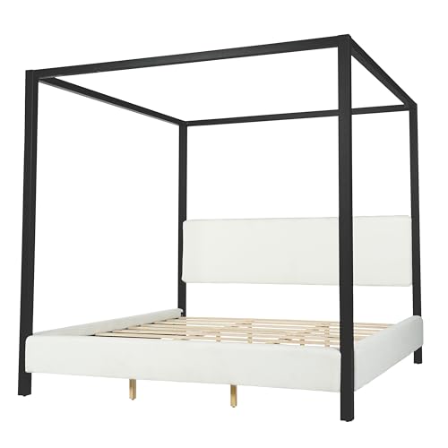 Modern King Szie Metal Canopy Bed with Plush Bouclé Upholstery, view 8