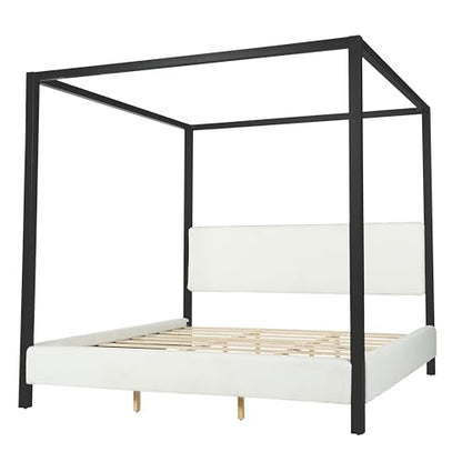 Modern King Szie Metal Canopy Bed with Plush Bouclé Upholstery, view 8