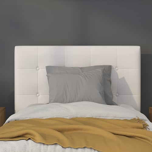 Lennox Adjustable Height Button Tufted and Box Stitch Upholstered Twin Size Headboard in White Vinyl