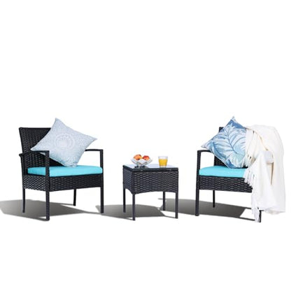 3 Pieces Outdoor Patio Furniture Set, Small Wicker Bistro Conversation Set for Porch and Balcony, All Weather PE Rattan Chairs with Table, Backyard Garden Furniture (Blue)