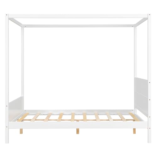 Queen Solid Wood Canopy Bed with Headboard and Footboard, White, view 7